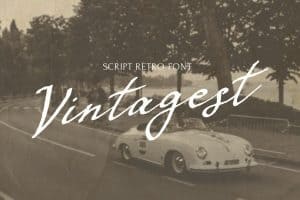 Vintage retro script font with classic car and trees background.