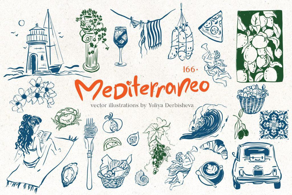 Mediterranean-themed illustrations including lighthouse, wine, seafood, and traditional symbols.