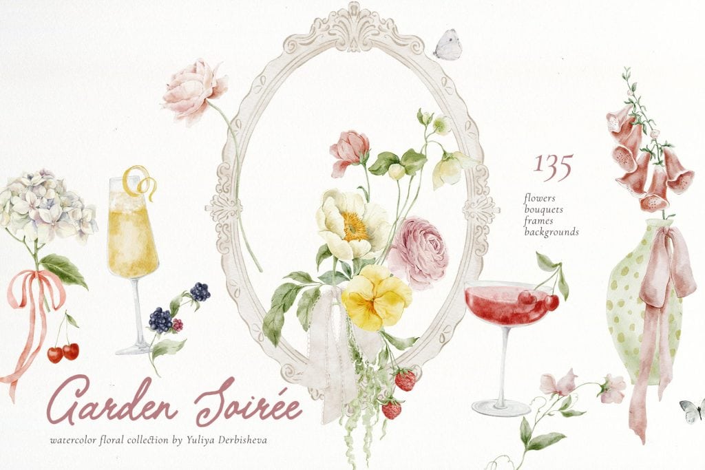Garden Soiree – Watercolor Wildflower & Garden Floral Clipart, Cottagecore Flower Illustrations PNG